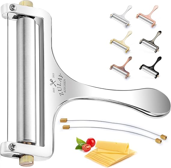 Zulay Kitchen Cheese Slicer With Adjustable Thickness - Heavy Duty Stainless Steel Cheese Slicers With Wire - Premium Wire Cheese Slicer For Soft & Semi-Hard Cheeses - 2 Extra Wires Included